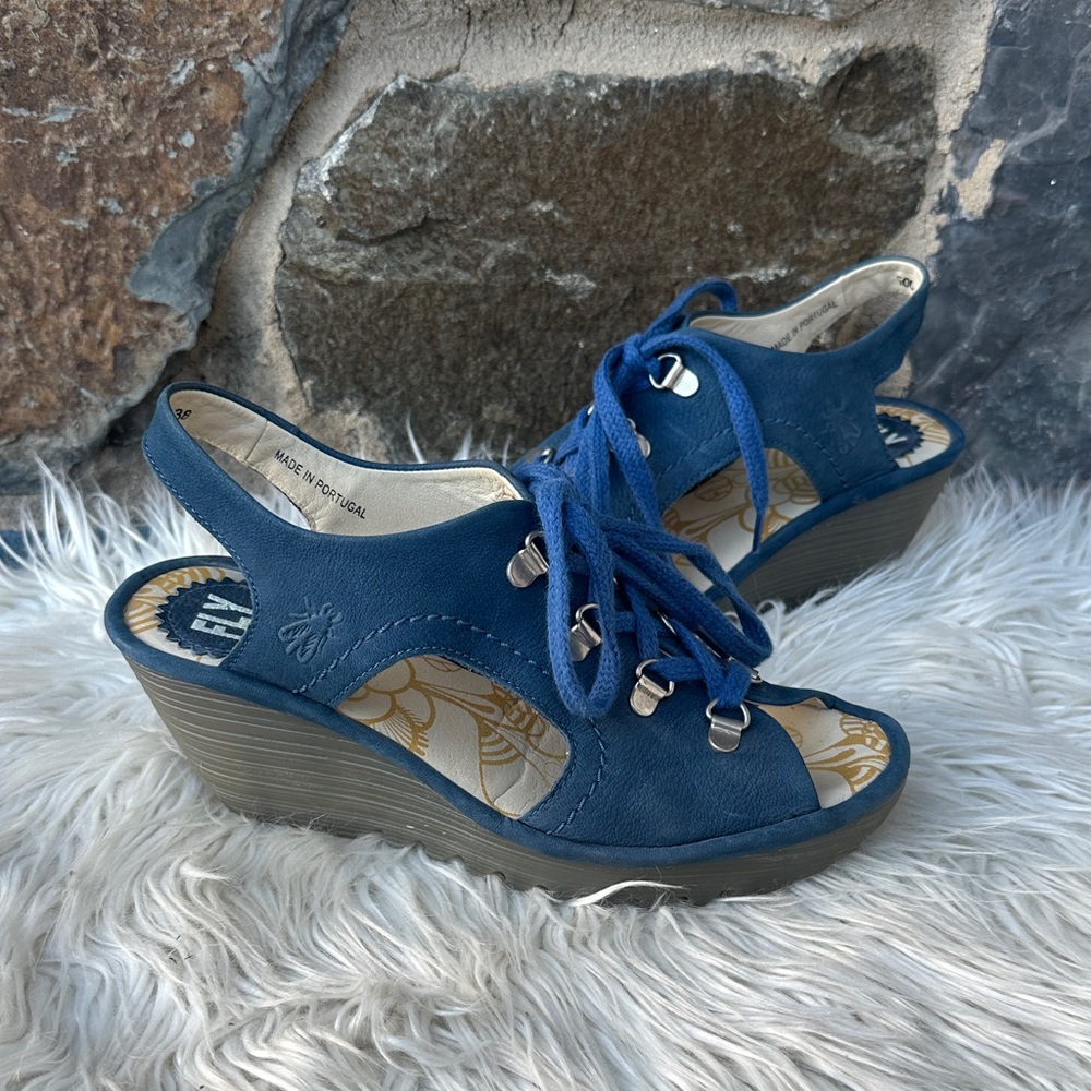 Fly London Blue Leather Wedge Sandals Lace-Up Slingback Women’s 38